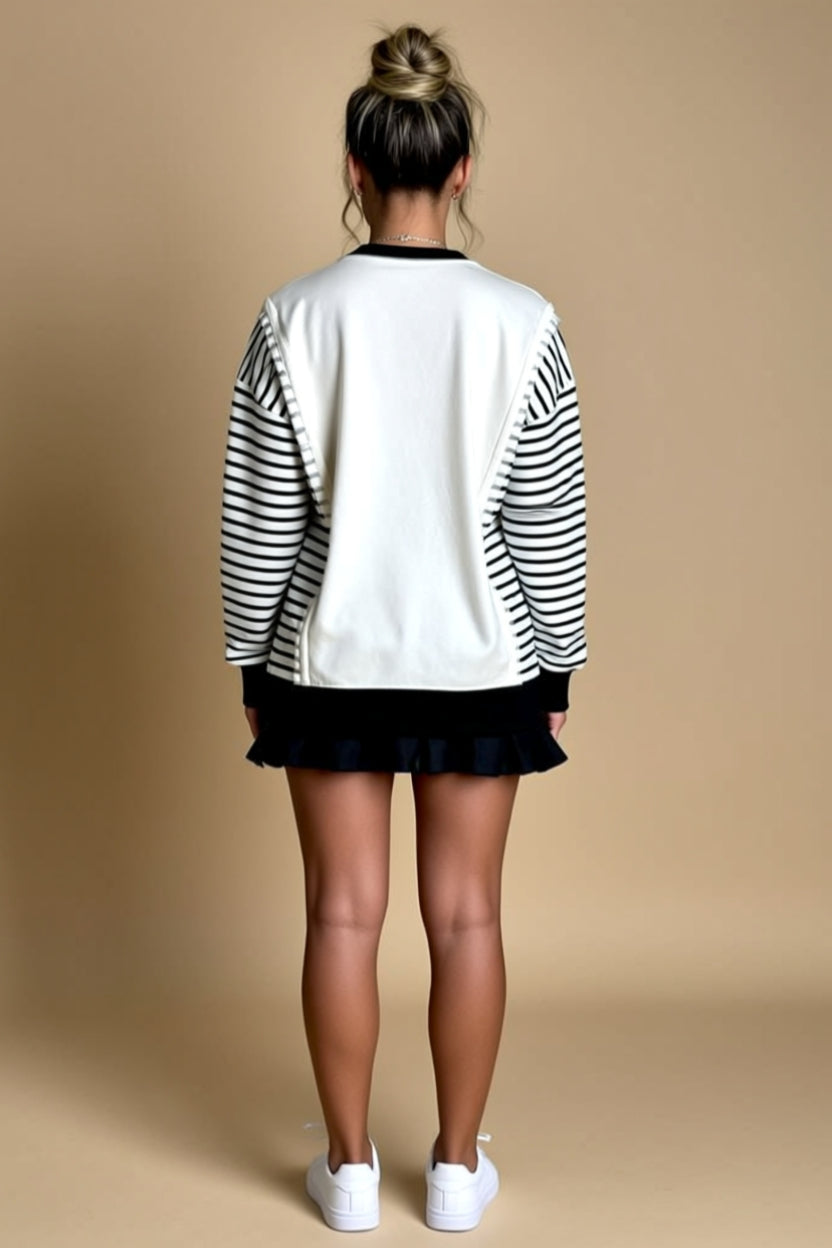 Exposed-Seam Crewneck Sweatshirt with Striped Sleeves
