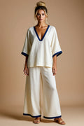 V-Neck Two-Piece Wide-Leg Pant Set with Contrast Trim