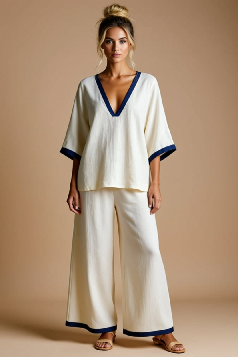 V-Neck Two-Piece Wide-Leg Pant Set with Contrast Trim