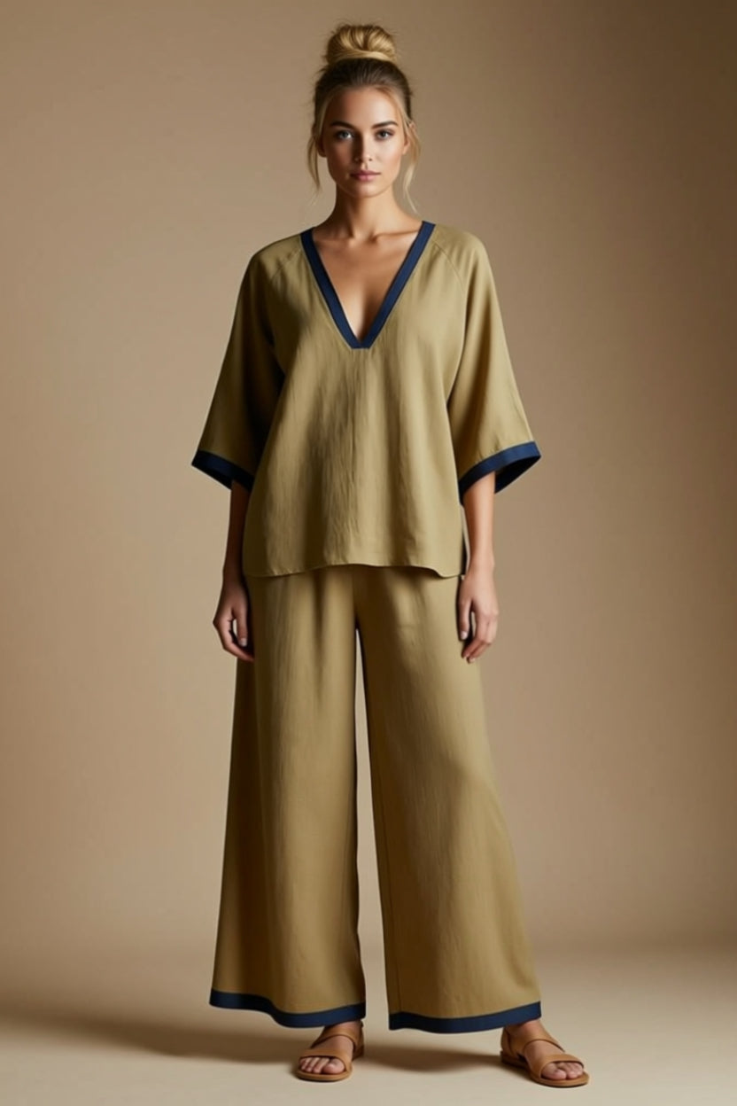 V-Neck Two-Piece Wide-Leg Pant Set with Contrast Trim