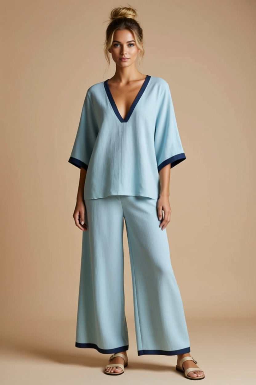 V-Neck Two-Piece Wide-Leg Pant Set with Contrast Trim