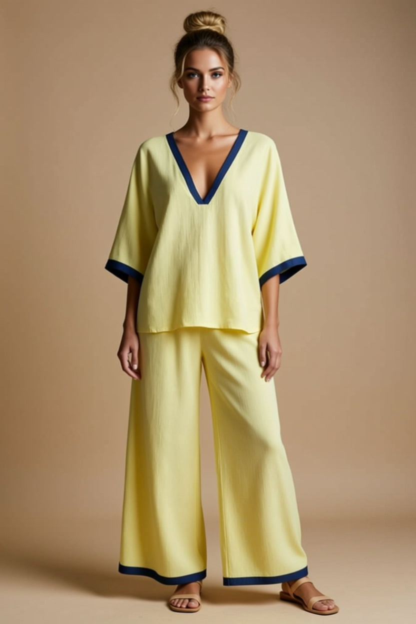 V-Neck Two-Piece Wide-Leg Pant Set with Contrast Trim