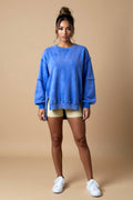 Washed Blue Oversized Crewneck Sweatshirt with Side Slits