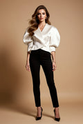 Ivory Ruffle Wrap-Front Top with Statement Puff Sleeves