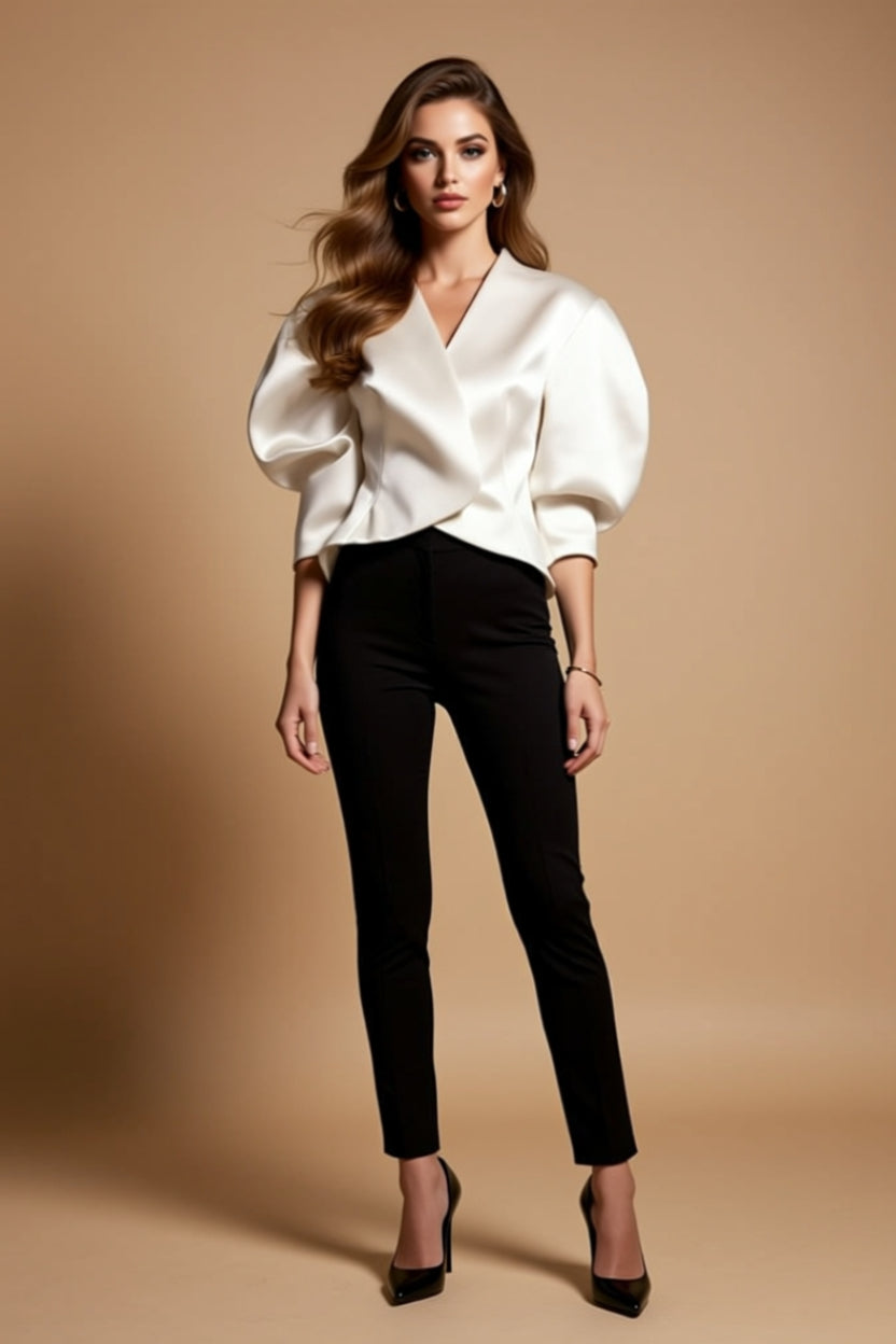 Ivory Ruffle Wrap-Front Top with Statement Puff Sleeves