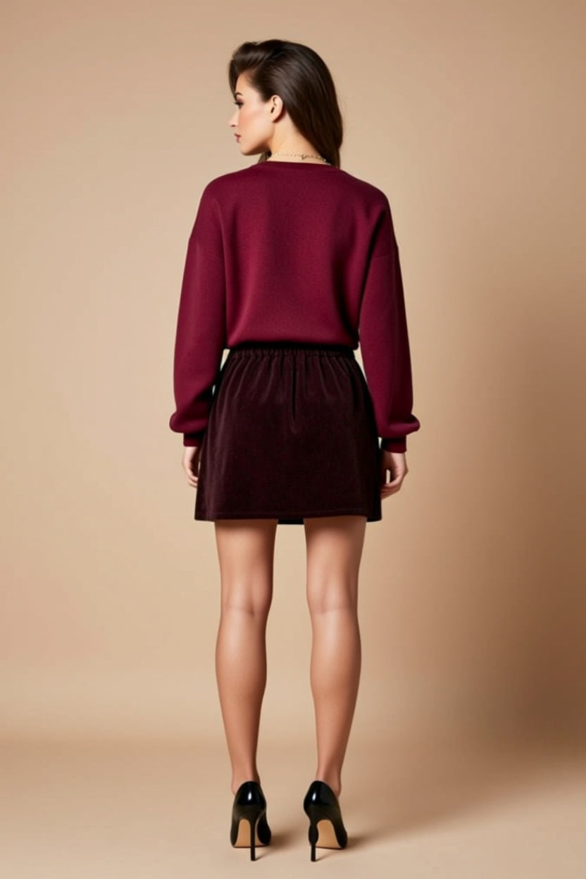 Burgundy Belted Corduroy Mini Skirt with Pockets and Buttons