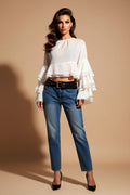 White Sheer Frill-Sleeve Cropped Blouse with Ruffle Hem