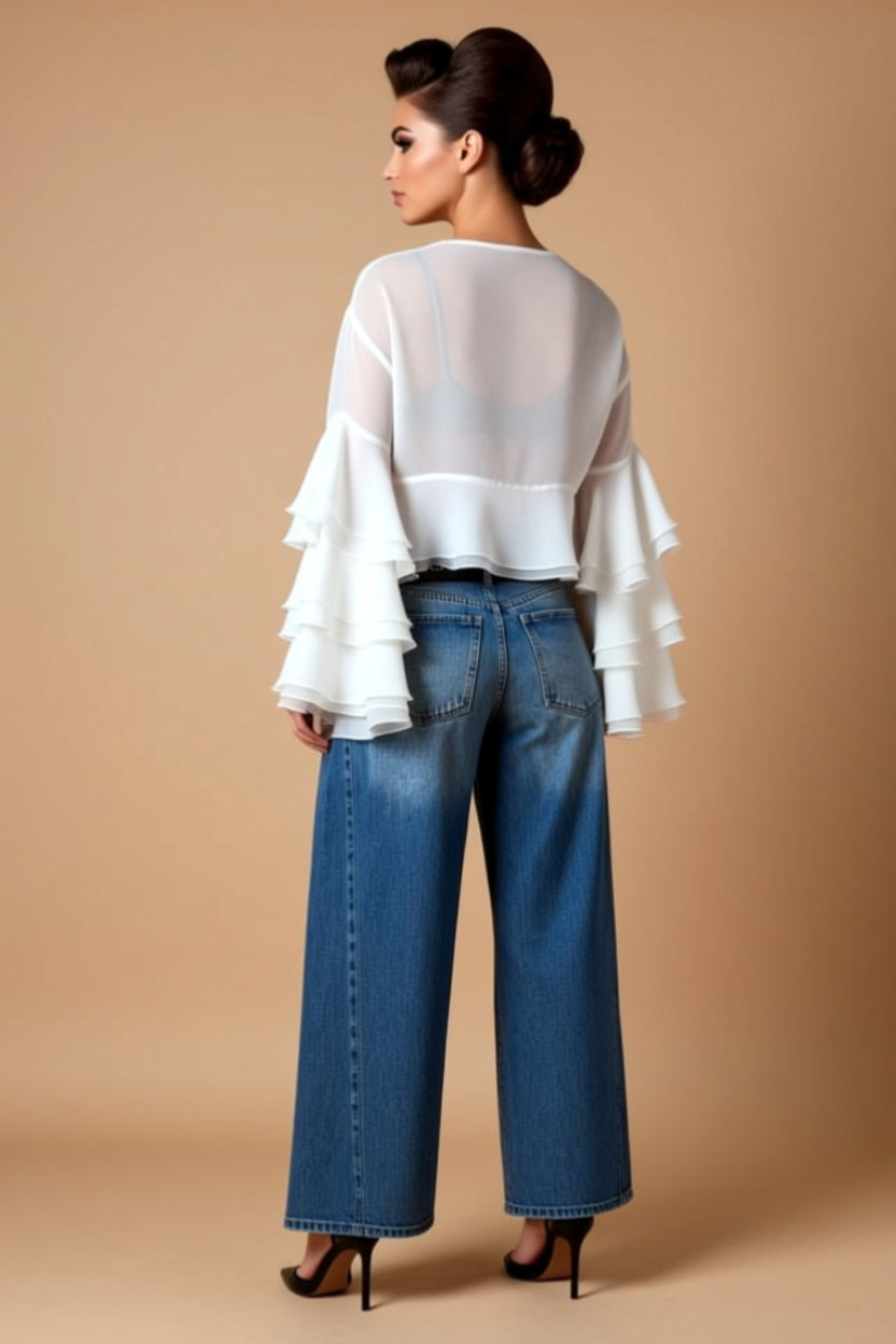 White Sheer Frill-Sleeve Cropped Blouse with Ruffle Hem