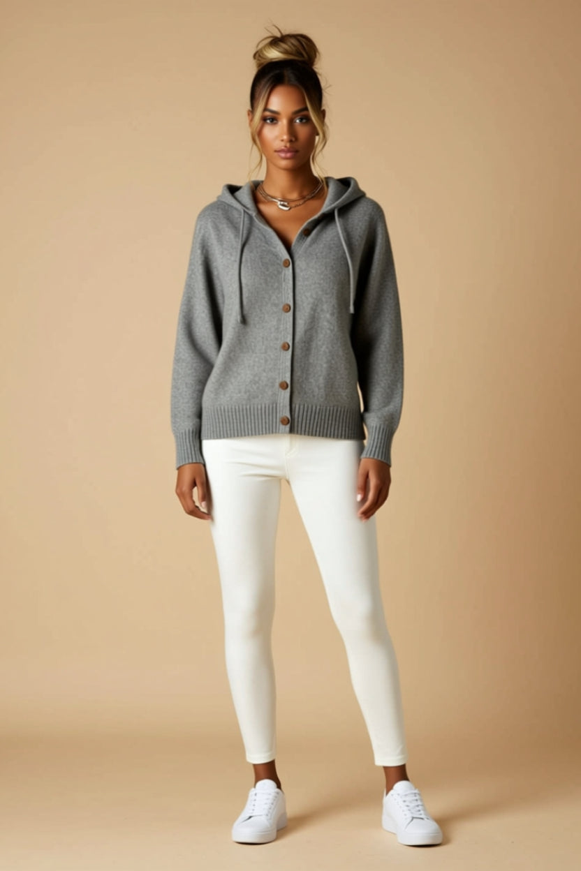 Button-Front Hooded Cardigan with Drawstring