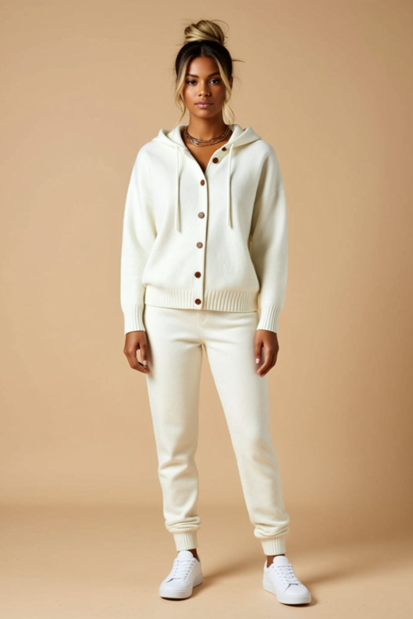 Button-Front Hooded Cardigan with Drawstring
