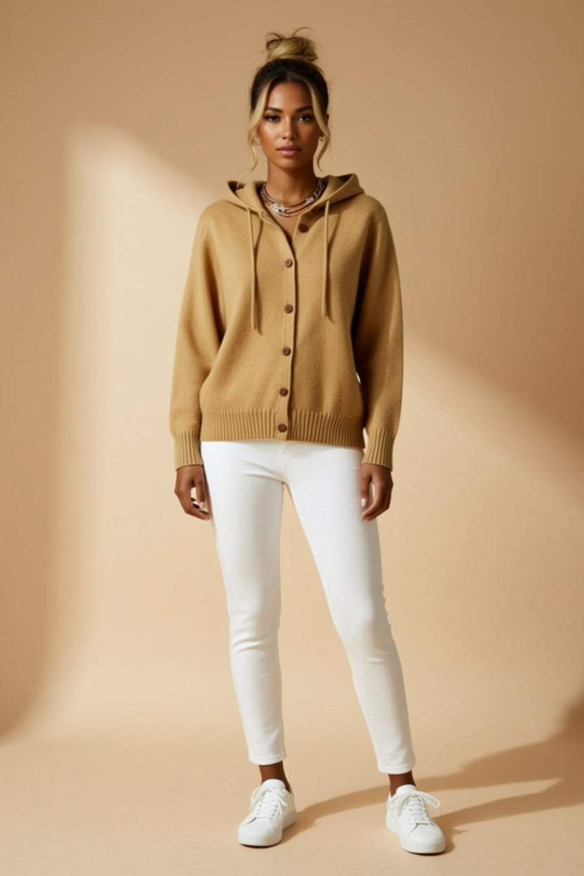 Button-Front Hooded Cardigan with Drawstring