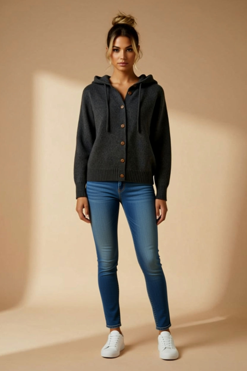 Button-Front Hooded Cardigan with Drawstring