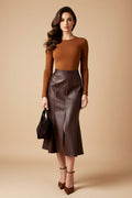High-Waisted Faux Leather Midi Skirt with Front Slit