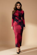 Burgundy Abstract Print Ruched Long-Sleeve Maxi Dress