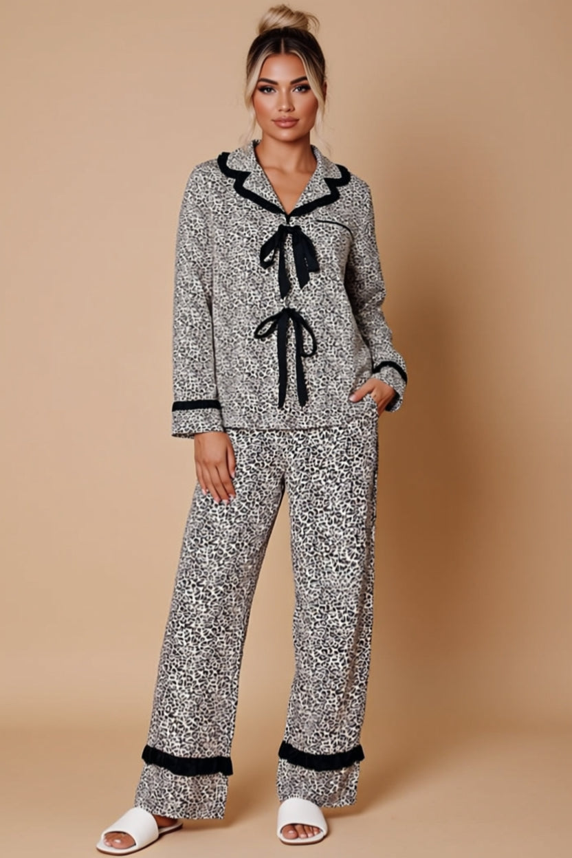 Animal Print Tie-Front Ruffle Two-Piece Pajama Set