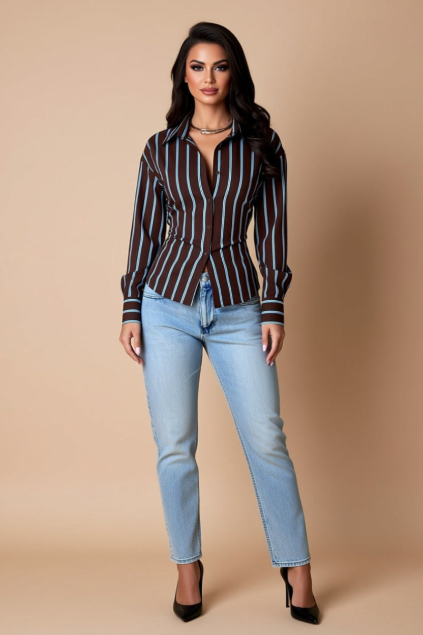Brown and Blue Striped Lace-Up Button-Front Collared Top