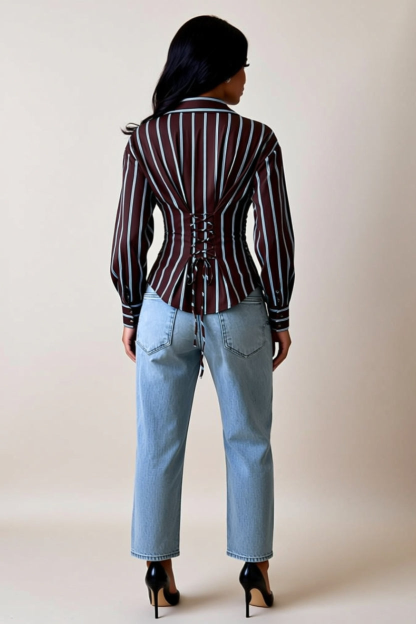 Brown and Blue Striped Lace-Up Button-Front Collared Top