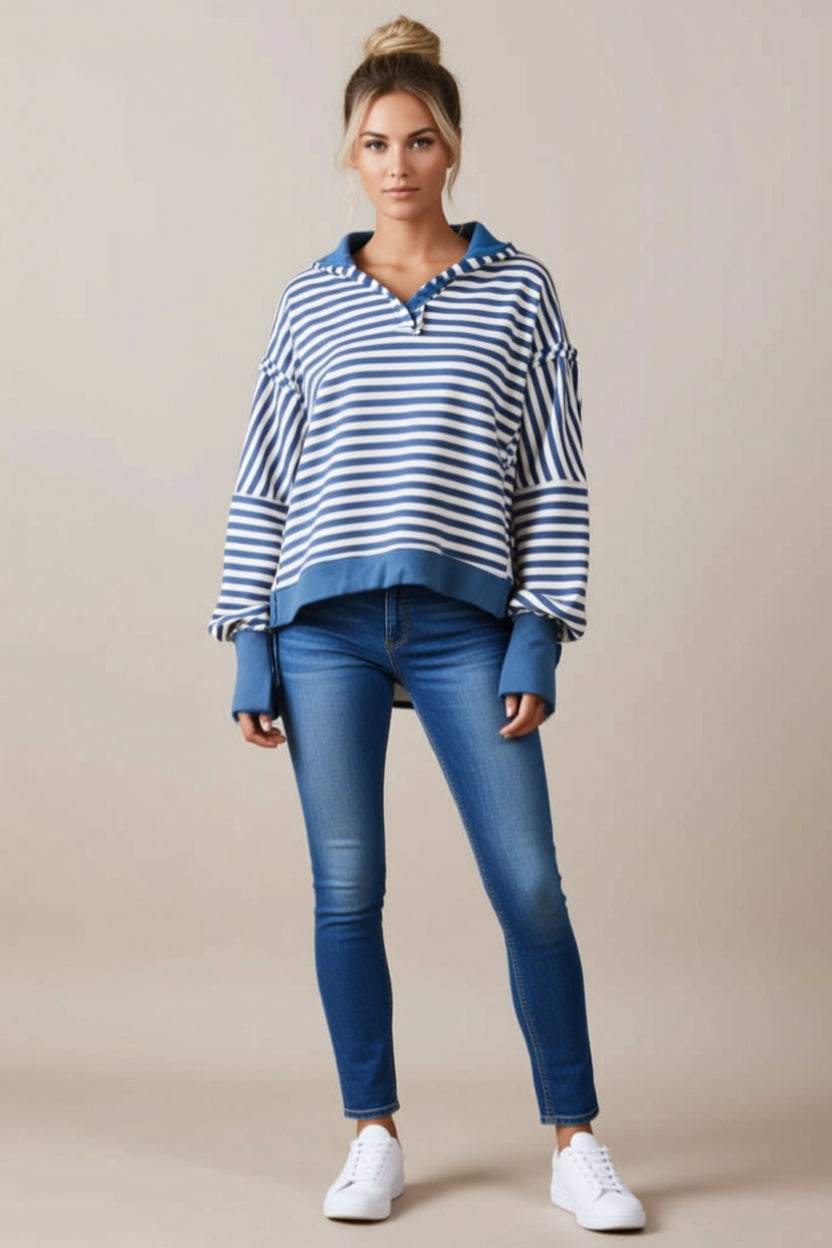 Blue and White Striped Collared Button Sweatshirt