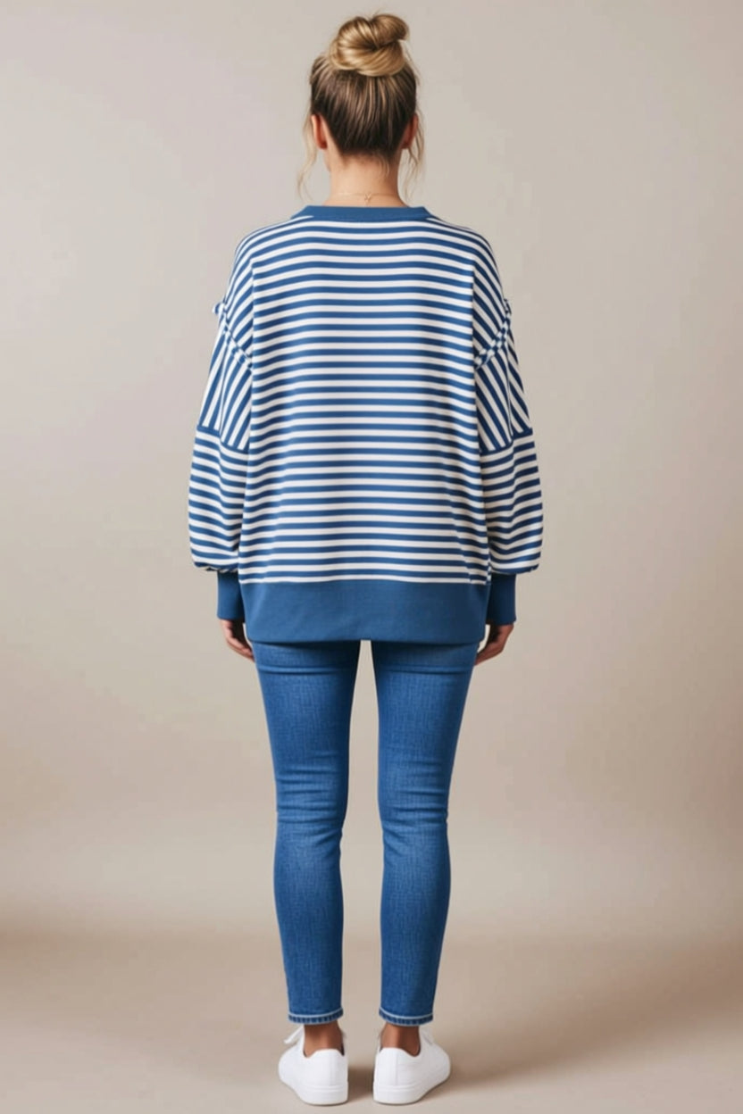 Blue and White Striped Collared Button Sweatshirt