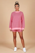 Pink Striped Oversized Sweatshirt and Drawstring Shorts Set