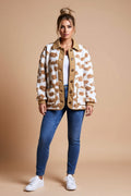 Brown Animal Print Button-Front Fleece Jacket with Pockets