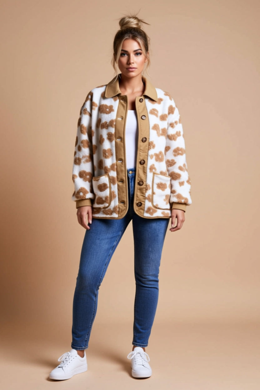 Brown Animal Print Button-Front Fleece Jacket with Pockets