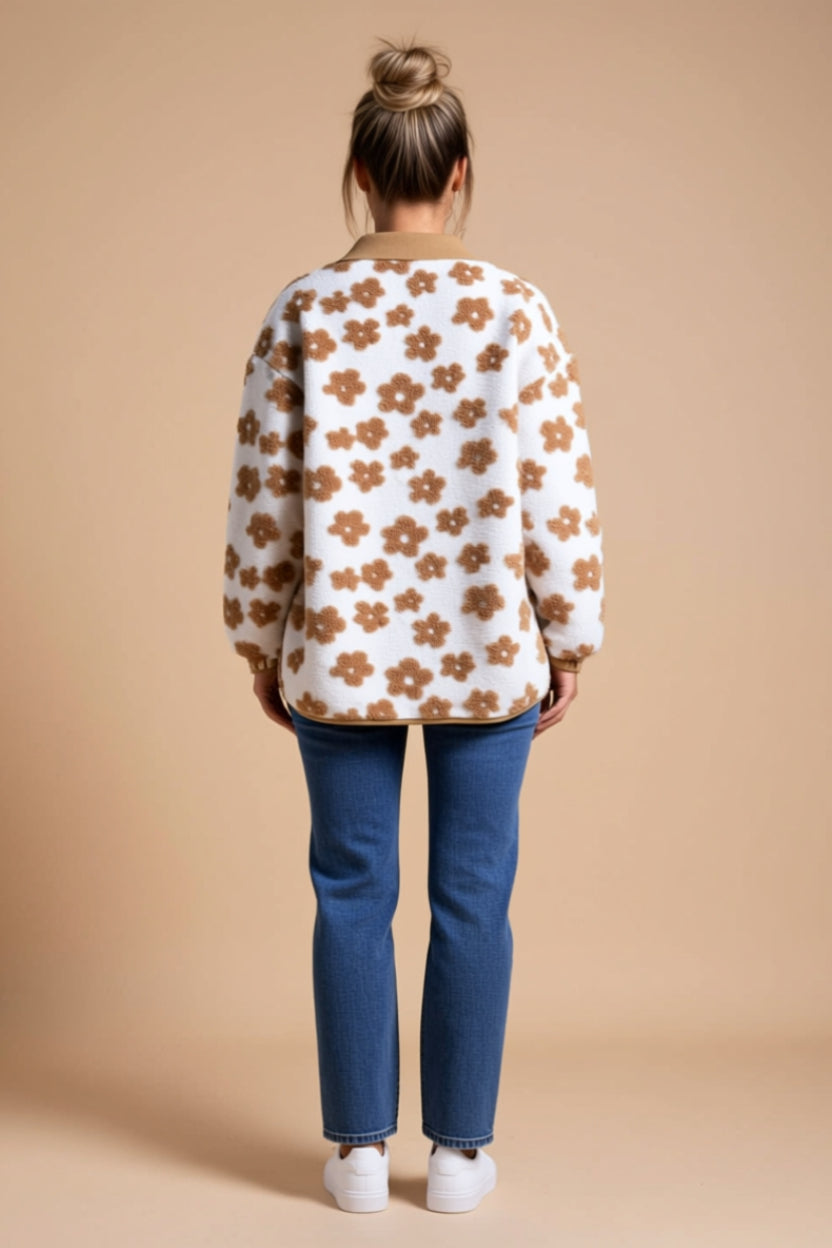 Brown Animal Print Button-Front Fleece Jacket with Pockets