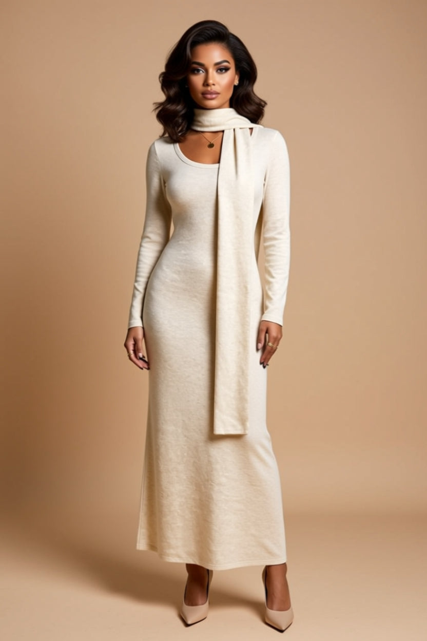 Ivory Long-Sleeve Maxi Dress and Matching Scarf Set