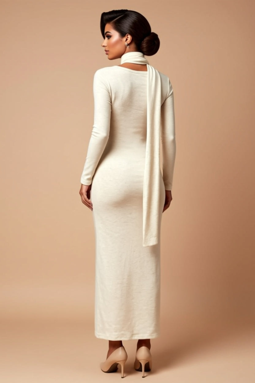 Ivory Long-Sleeve Maxi Dress and Matching Scarf Set