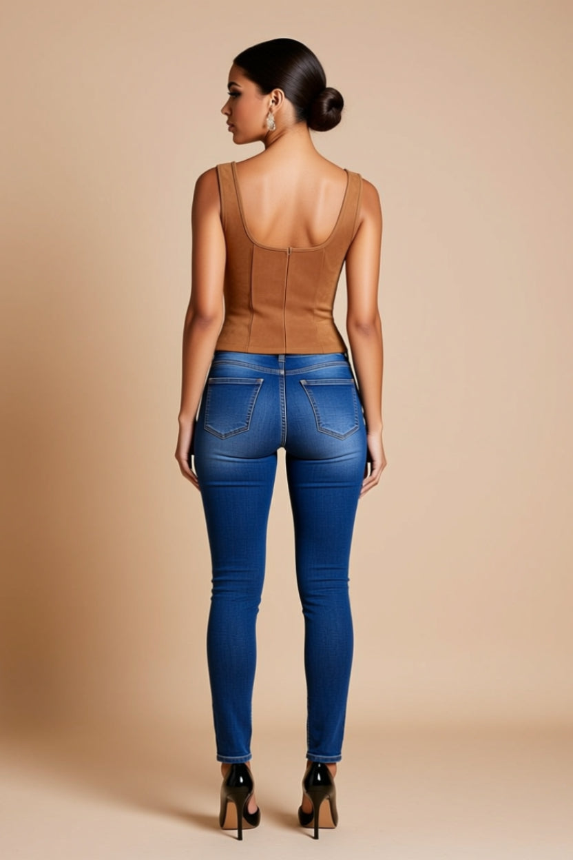 Brown Floral Embroidered Lace-Up Corset-Style Top