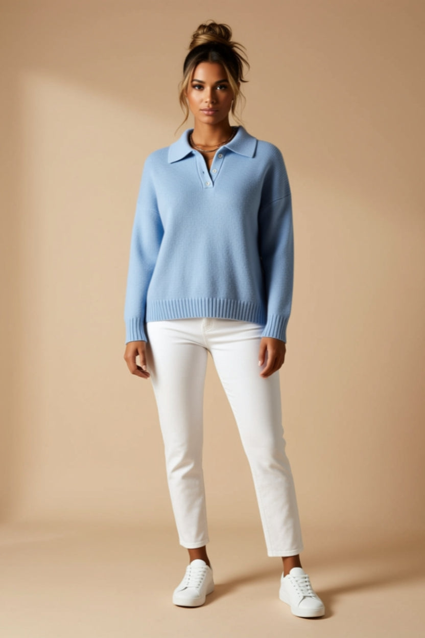 Button-Collar Ribbed Long-Sleeve Polo Sweater