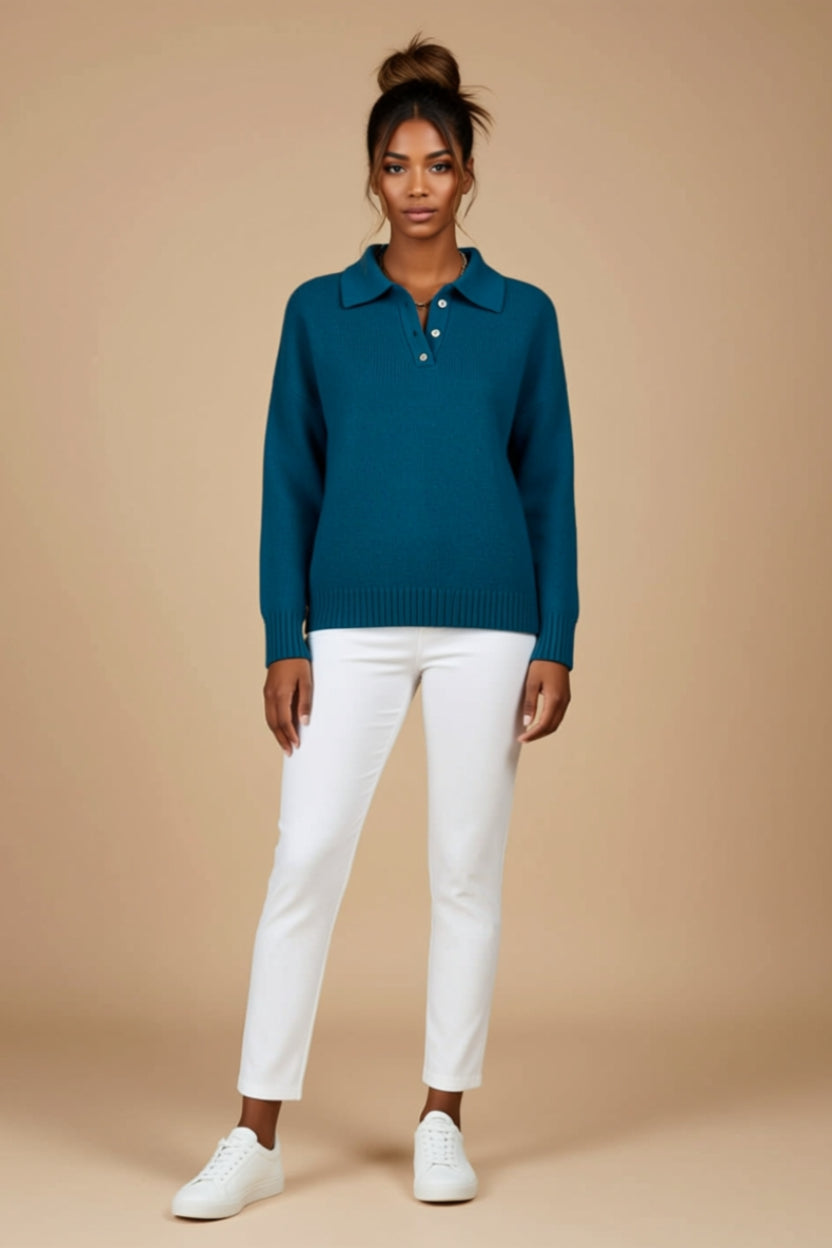 Button-Collar Ribbed Long-Sleeve Polo Sweater