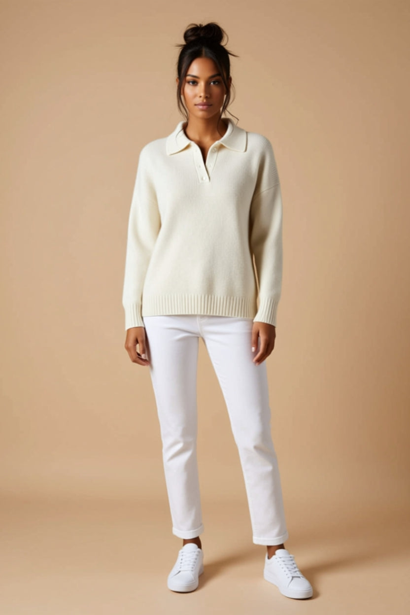 Button-Collar Ribbed Long-Sleeve Polo Sweater