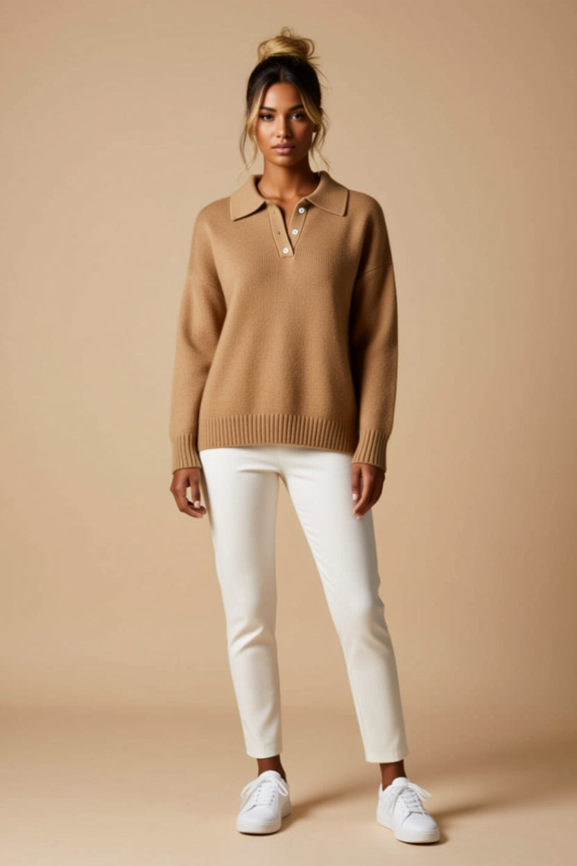 Button-Collar Ribbed Long-Sleeve Polo Sweater