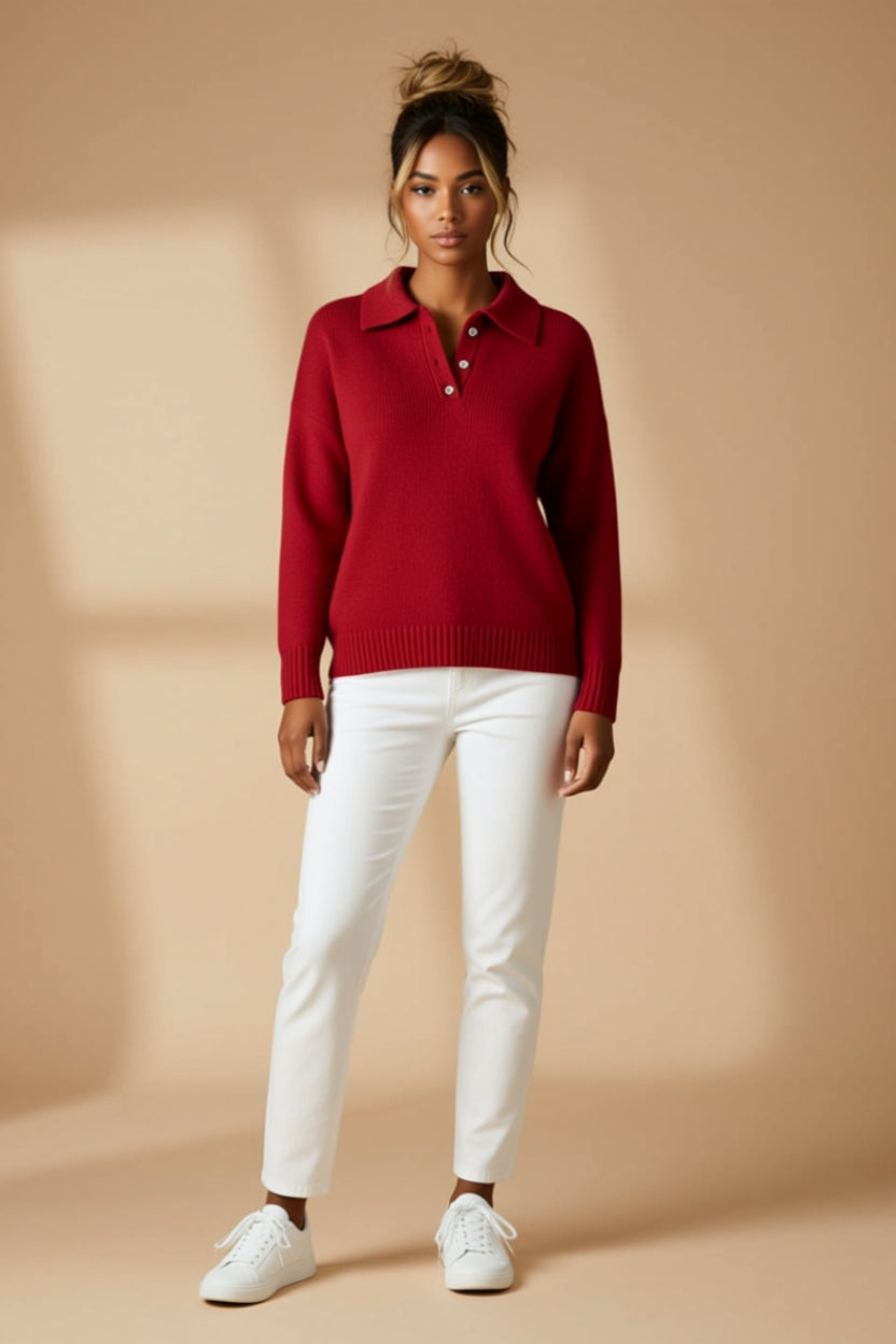 Button-Collar Ribbed Long-Sleeve Polo Sweater