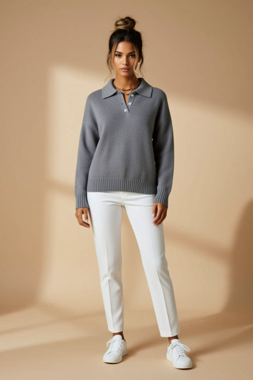 Button-Collar Ribbed Long-Sleeve Polo Sweater