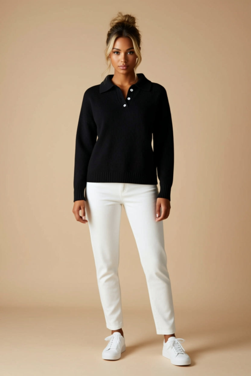 Button-Collar Ribbed Long-Sleeve Polo Sweater