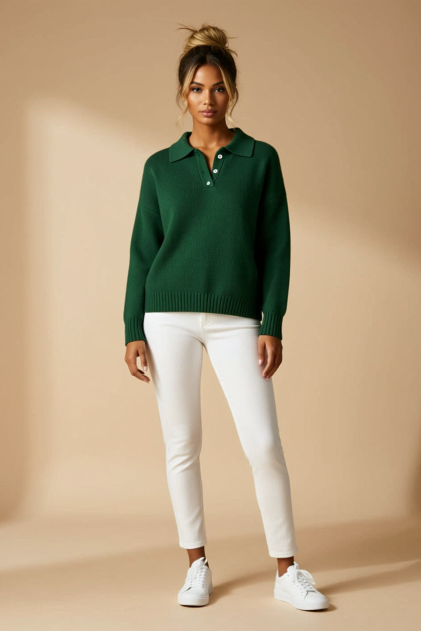 Button-Collar Ribbed Long-Sleeve Polo Sweater