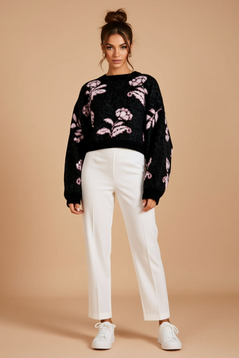 Black and Pink Floral Crewneck Relaxed-Fit Sweater
