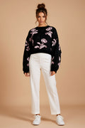 Black and Pink Floral Crewneck Relaxed-Fit Sweater