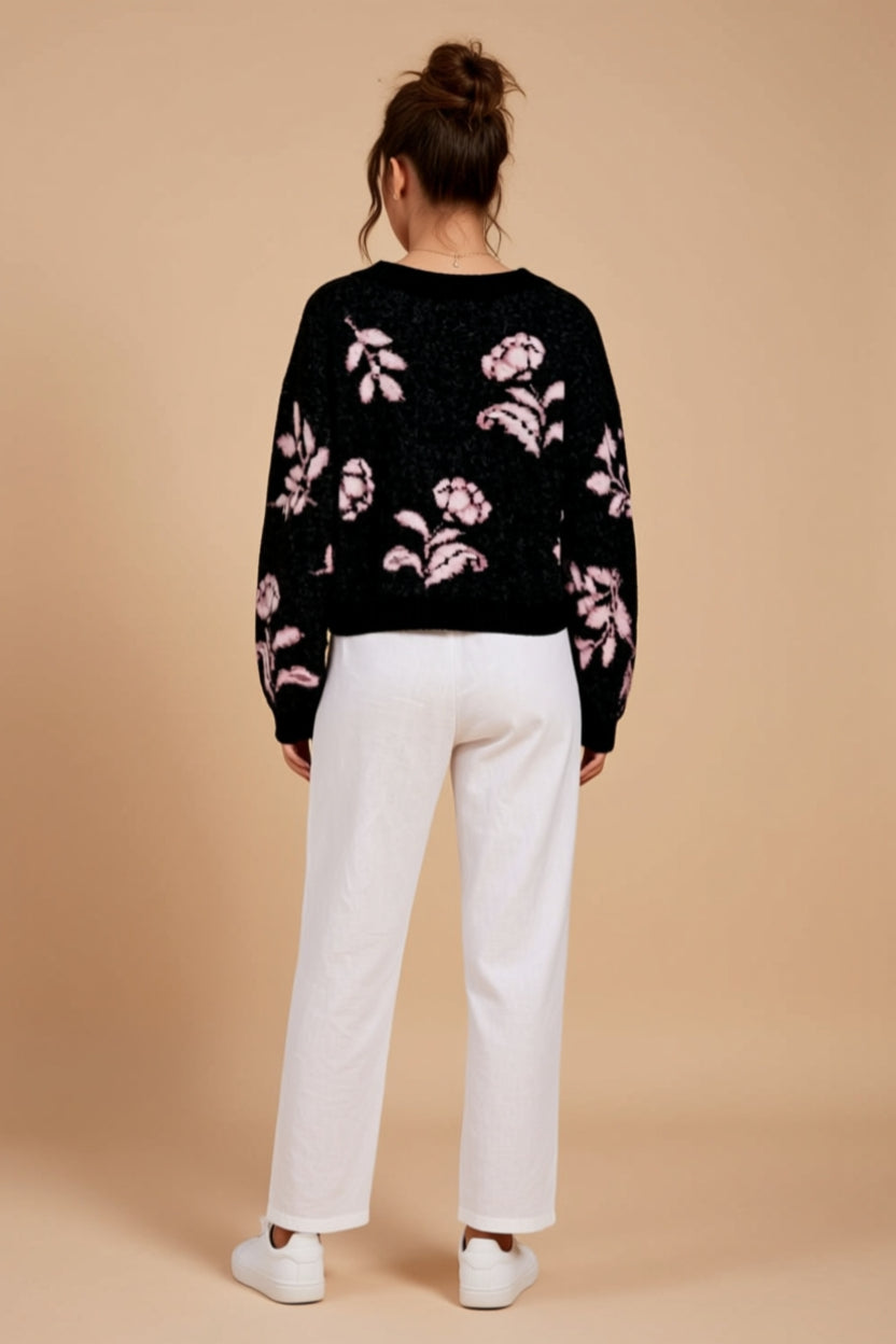 Black and Pink Floral Crewneck Relaxed-Fit Sweater