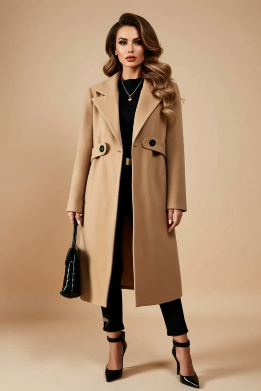 Button-Front Longline Tailored Coat with Pockets