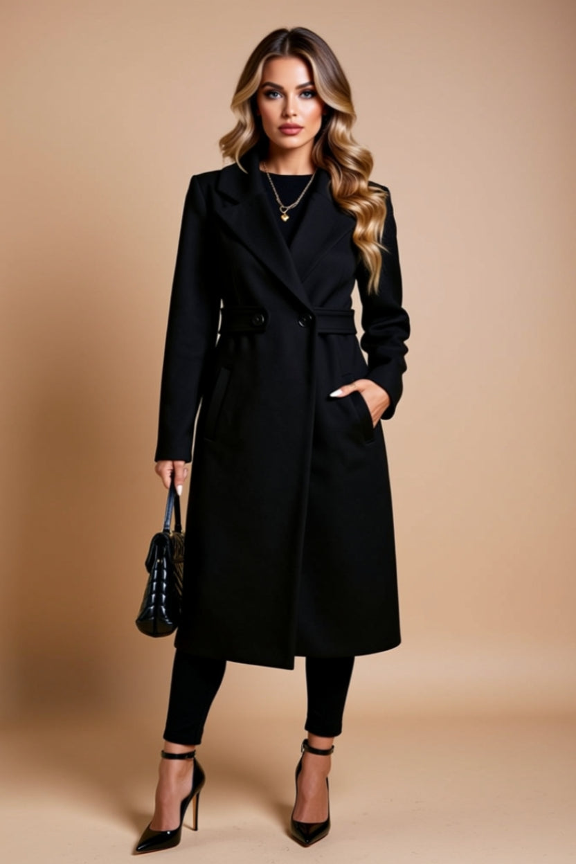 Button-Front Longline Tailored Coat with Pockets