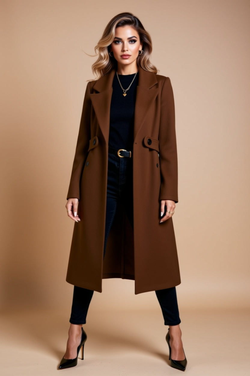 Button-Front Longline Tailored Coat with Pockets