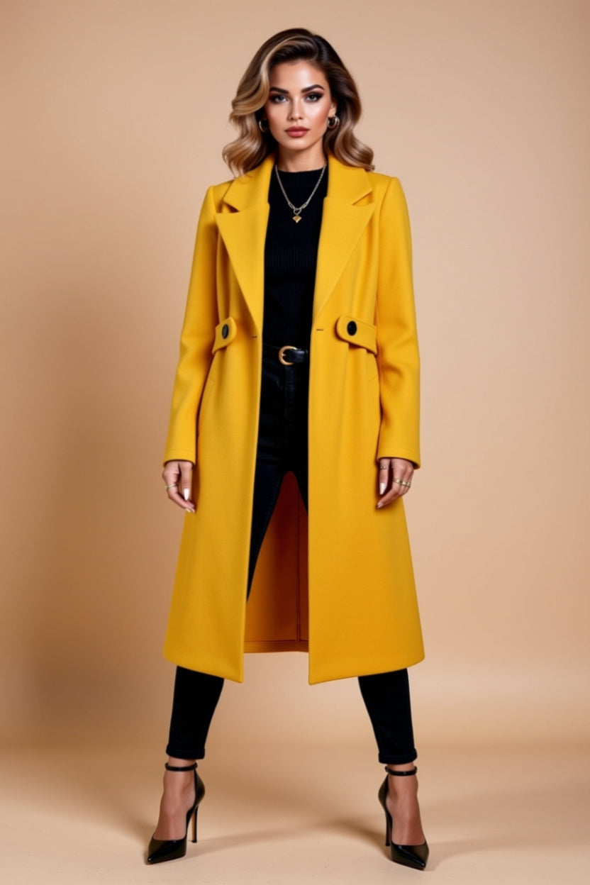 Button-Front Longline Tailored Coat with Pockets