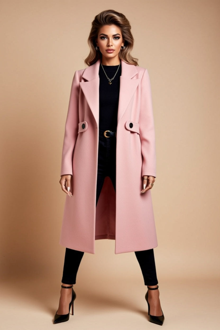 Button-Front Longline Tailored Coat with Pockets