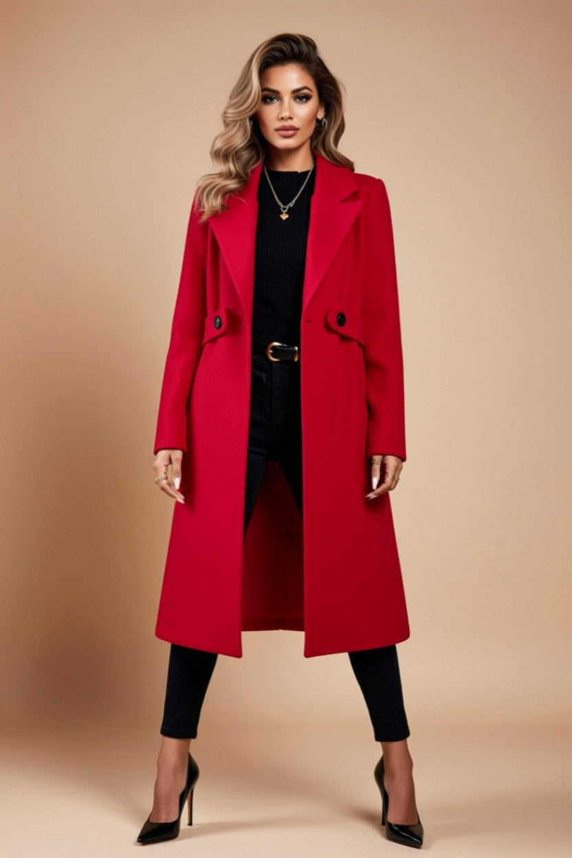 Button-Front Longline Tailored Coat with Pockets