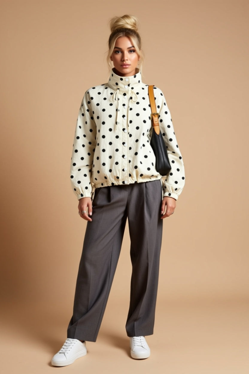 Ivory and Black Polka Dot Drawstring Button-Front Jacket