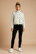 Ivory and Black Polka Dot Drawstring Button-Front Jacket