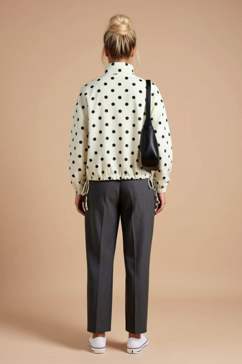 Ivory and Black Polka Dot Drawstring Button-Front Jacket